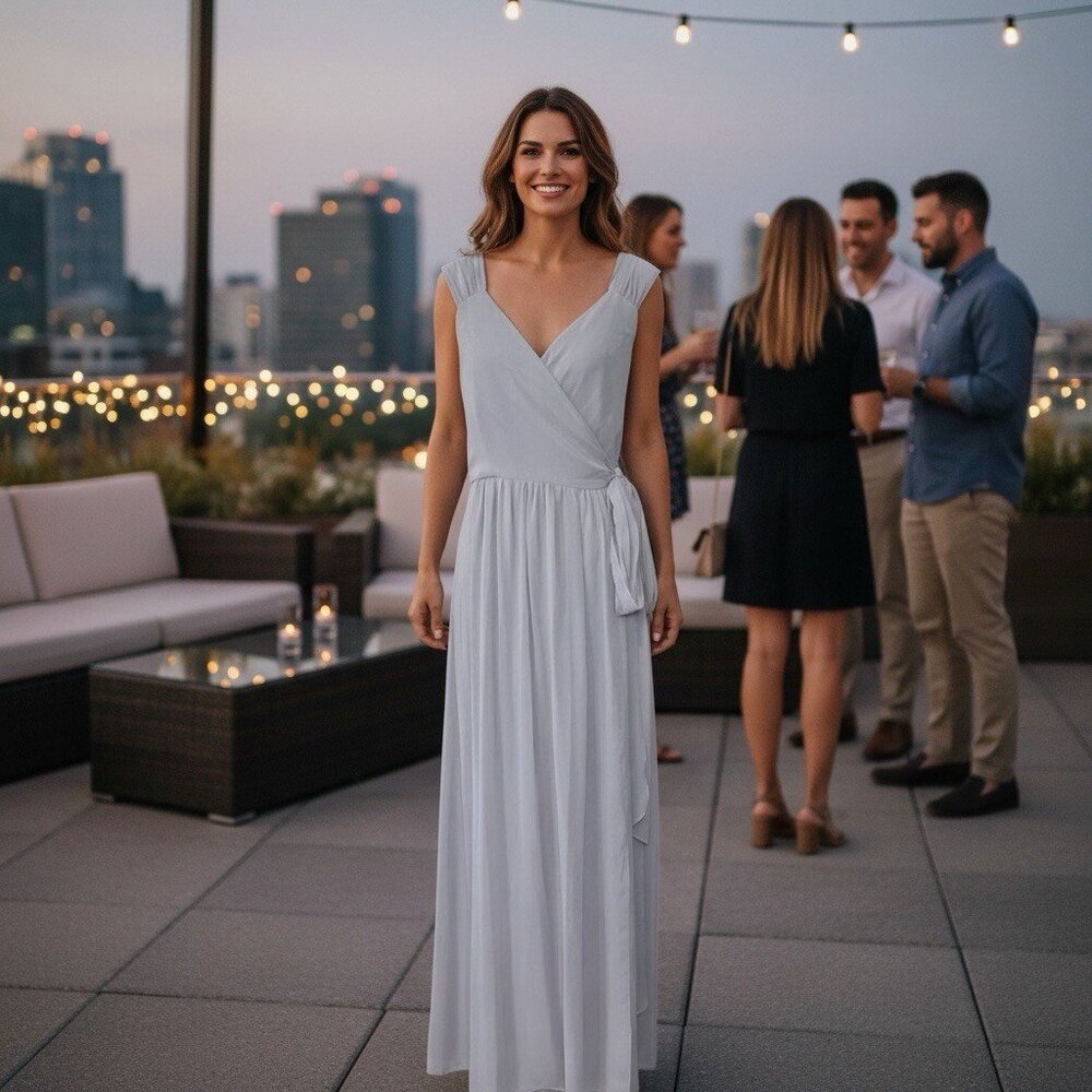 Ceremony Silver Wrap Dress Joanna August Bridesmaid Formal Prom Party‎  Medium M
